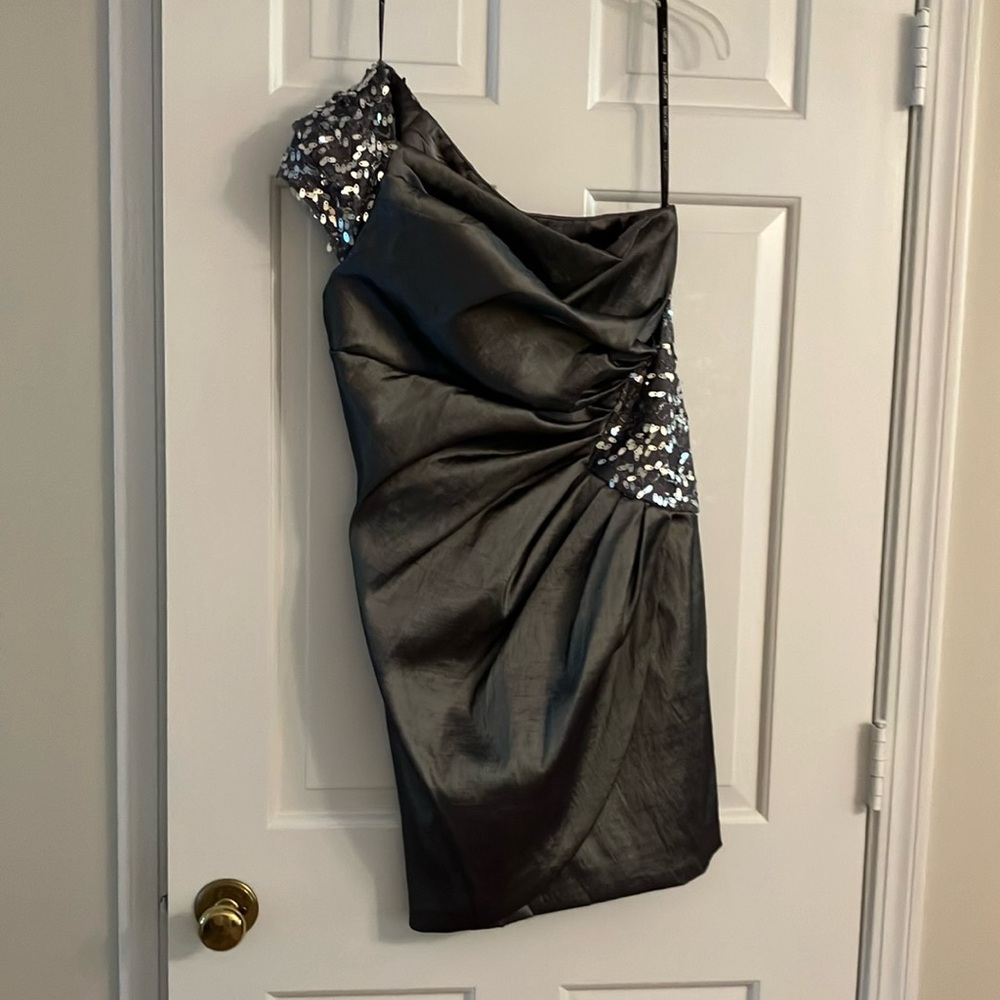 One shoulder Jessica McClintock gray party dress.